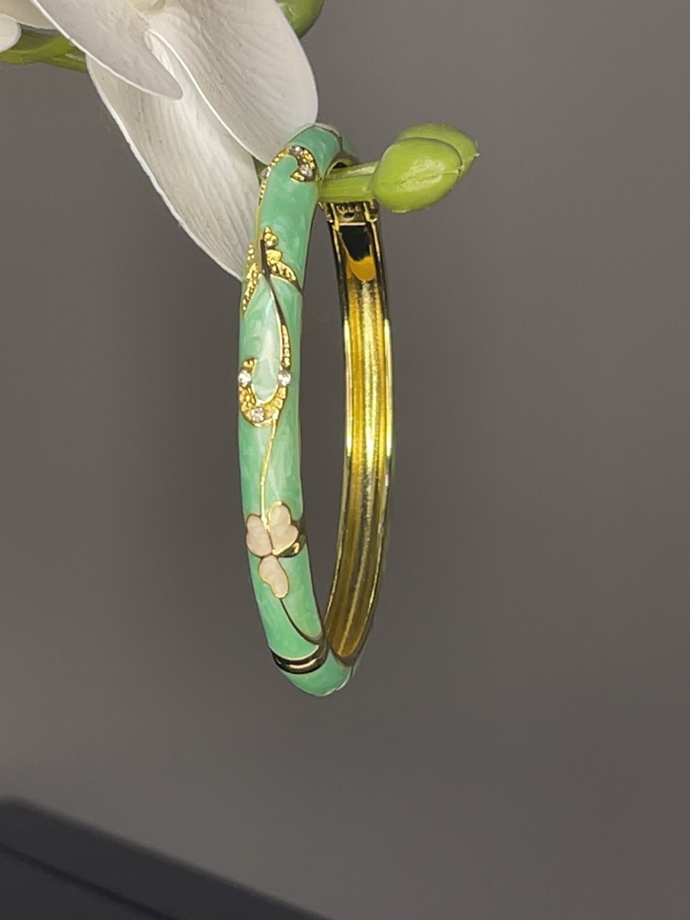 Gold-Tone Mint Green Enamel Floral Bangle Bracelet
